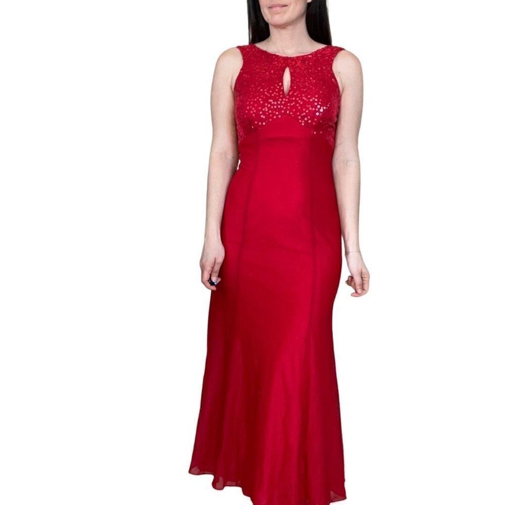 Vintage 80s Blondie & Me Red Sequin Satin Maxi Dress Gown Size 4 Prom Event